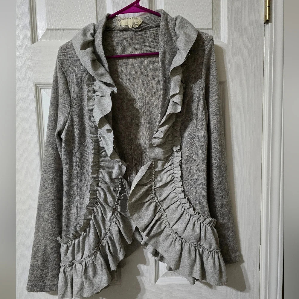 A'Reve Anthropologie Ruffled Open Front Cardigan, Wool Blend, Curved Hem, EUC!